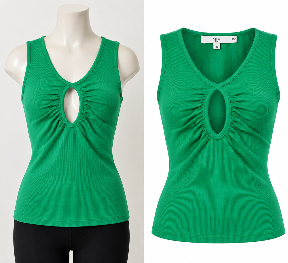 NIA Kelly Green Ribbed Keyhole Ruched Tank Top Size Small